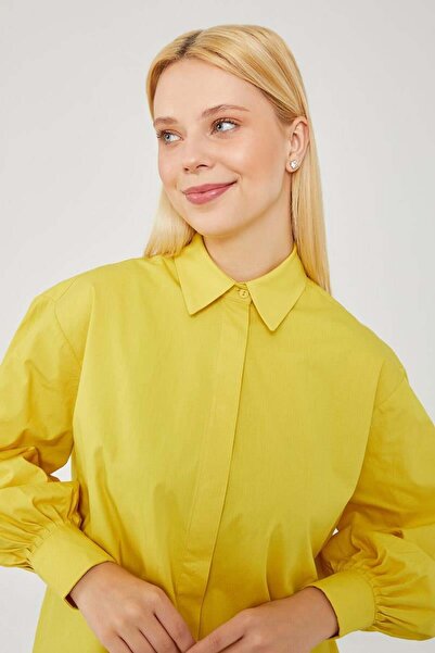 Levidor Cămașă din poplin cu mâneci cu supradimensionat baloane, verde ulei