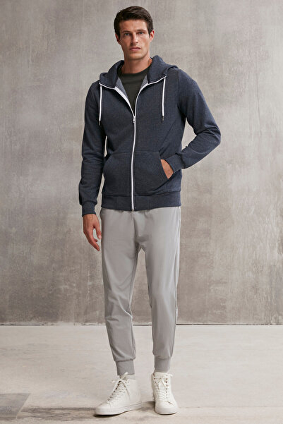 GRIMELANGE Core férfi cipzáras, magas galléros kapucnis sötétkék pulóver húzózsinórral és polár belsővel