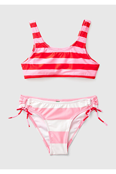 United Colors of Benetton Girl's Red Mix Color Block Bow Detailed Thick Strap Bikini Set