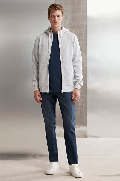 GRIMELANGE Core pánská mikina se zipem a vysokým límcem, s kapucí, světle šedá se stahovací šňůrkou a fleecem uvnitř