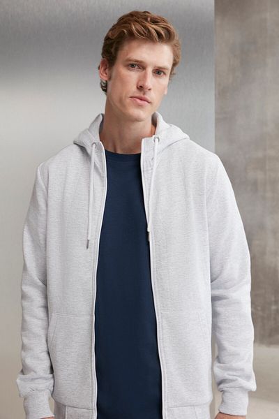 GRIMELANGE Core Men's Zippered High Collar Hooded Light Gray Sweatshirt with Drawstring and Fleece Inside