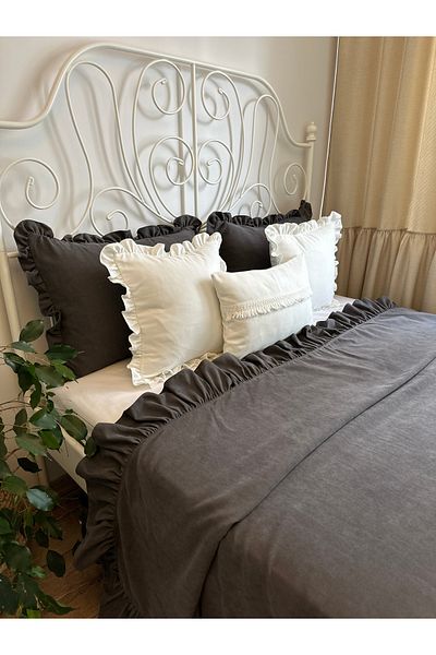 Decamor home Vintage Frilly Anthracite Gray Smoked Bedspread Double