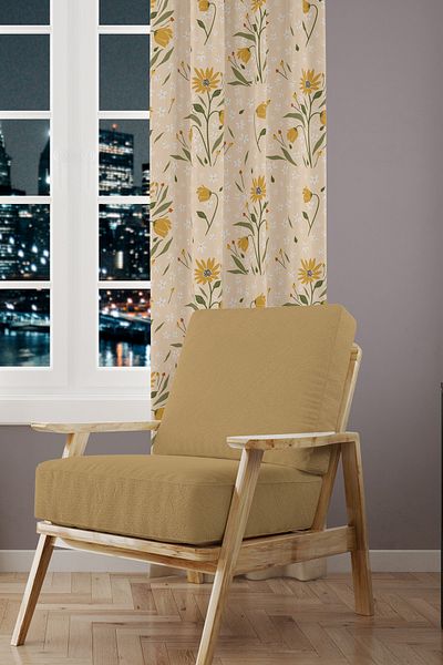 Moud's Camomile Daisy Patterned Suede Living Room Hall Background Curtain Printed Extrafor Drawstring SINGLE WING
