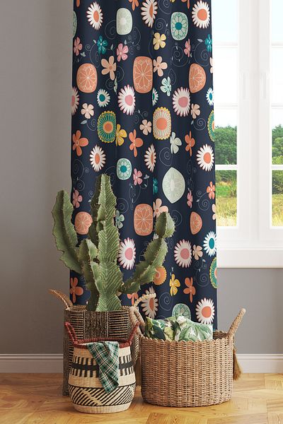 Moud's Navy Blue Flower Patterned Suede Living Room Hall Background Curtain Printed Extrafor Drawstring SINGLE WING PRD-1021