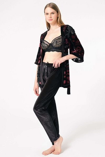 Anıl Women's Tulle Floral Printed Dressing Gown Underwire Unassisted Unpadded Lace Bustier Bra and Pantolo