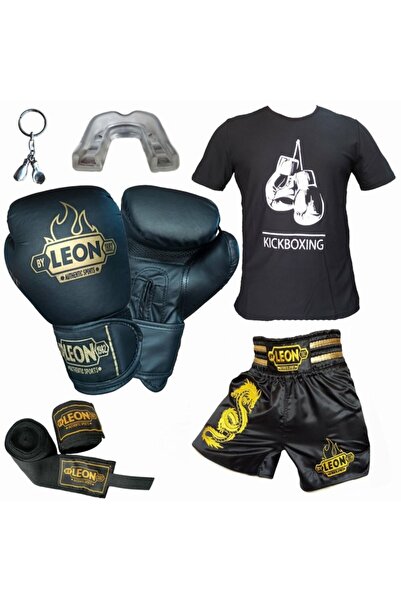 MEDITERIAN Siyah Leon Boks Eldiveni Leon Dragon Kick Boks Şortu Tişört Bandaj Dişlik Seti Siyah