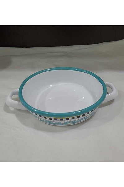 esdekor Small Steel Enameled Sahan White Patterned Turquoise 16cm Kısık Ate Oven Compatible 1 Piece