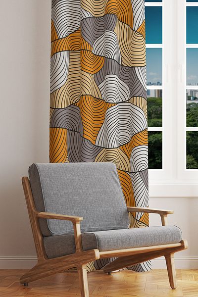 Moud's Orange Gray Line Patterned Suede Living Room Hall Background Curtain Printed Extrafor Drawstring SINGLE WING