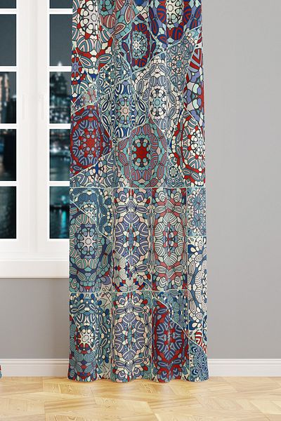Moud's Mosque Tiles 1 Patterned Suede Living Room Hall Background Curtain Extrafor Drawstring SINGLE WING PRD-1086
