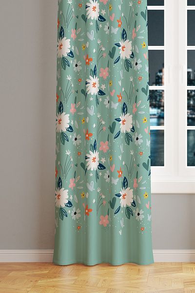 Moud's Old Flower Patterned Suede Living Room Hall Background Curtain Printed Extrafor Drawstring SINGLE WING PRD-1040