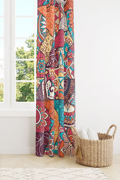 Moud's Mandala Ethnic Patterned Suede Living Room Hall Background Curtain Printed Extrafor Drawstring SINGLE WING PRD-1100