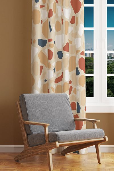 Moud's West Stone Patterned Suede Living Room Hall Background Curtain Printed Extrafor Drawstring SINGLE WING PRD-1082