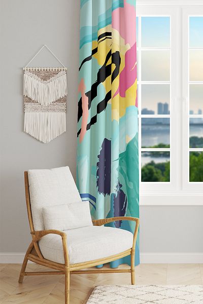 Moud's Brush Art 1 Patterned Suede Living Room, Hall Background Curtain Printed Extrafor Drawstring SINGLE WING PRD-1003