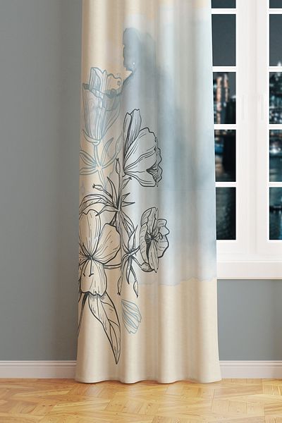 Moud's Blue Line Flower Patterned Suede Living Room Hall Background Curtain Printed Extrafor Drawstring SINGLE WING