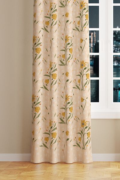 Moud's Camomile Daisy Patterned Suede Living Room Hall Background Curtain Printed Extrafor Drawstring SINGLE WING