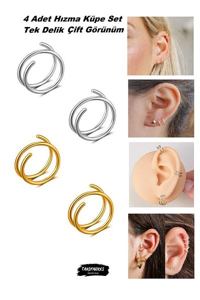 Takıparkxs 4 Pieces Set - Stainless Anti-Tarnish Single Hole Piercing Ring Speed Stud Earring, 0.08mm Bar, 8mm Diameter