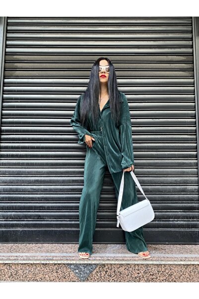 moneta boutique طقم قميص نسائي مطوي وبنطلون مريح بخصر مطاطي