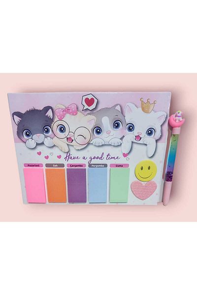 sevgi kırtasiye Cute Cats Weekly Planner Cats with Glitter Watery Pen Gift