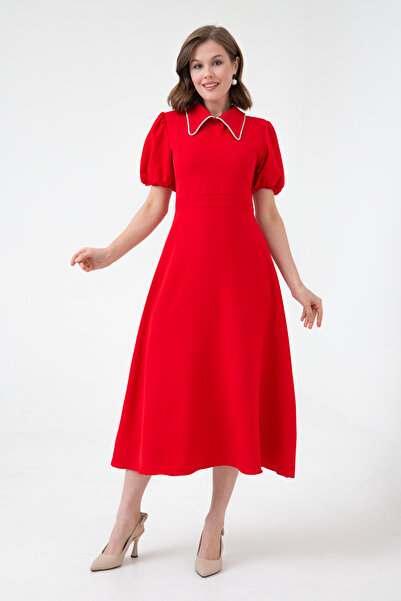 bayansepeti Kadın Yakası Taş Detaylı Kısa Kollu Midi Boy Kloş Kesim Kırmızı Elbise 2073