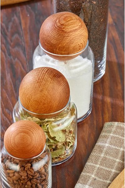 ŞAKİLATA CONCEPT 4-Piece Glass Jar Set with Wooden Ball Lid Spice Bowl and Storage Container 1300-800-500-300 Ml