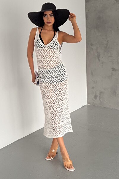 lovebox Γυναικείο αμάνικο πλεκτό ύφασμα μίντι με λαιμόκοψη με V λαιμόκοψη ύφασμα Oversize Fit Λευκό καλοκαιρινό φόρεμα παραλίας 2045