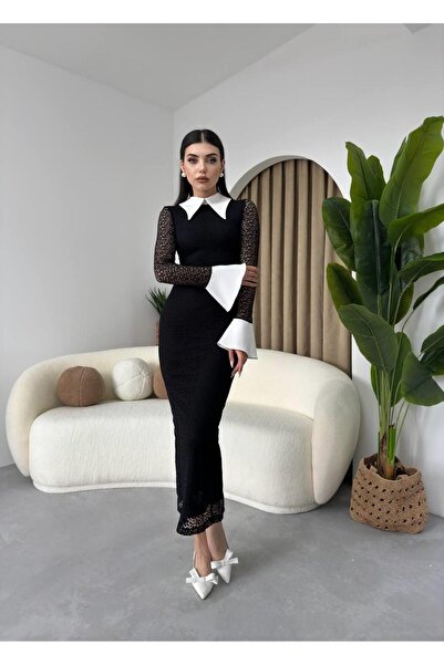 BETULAKSUBUTİK فستان دانتيل طويل بتصميم مميز وياقة قميص أبيض وأسود