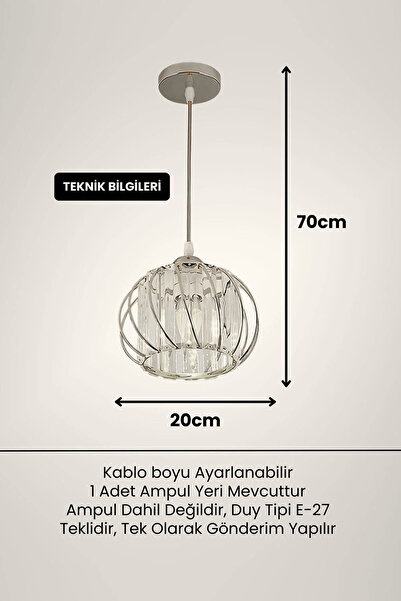 Ultra Home Aurora Model Krom Renk Kristal Taşlı Metal Salon Koridor Çocuk Mutfak Odası Sarkıt Avize