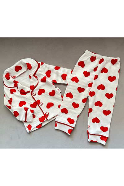 SANTRALBEBE Girl's Heart Front Buttoned Cotton Pajamas Set