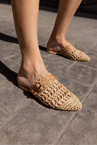 ANGELİNA JONES RAFFIA WOMEN'S NUDE WOODEN BELT SLIPPERS
