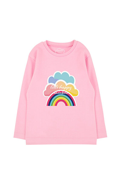 Kız Çocuk %100 Pamuk Pembe Renk Gökkuşağı Baskılı Uzun Kol Tshirt