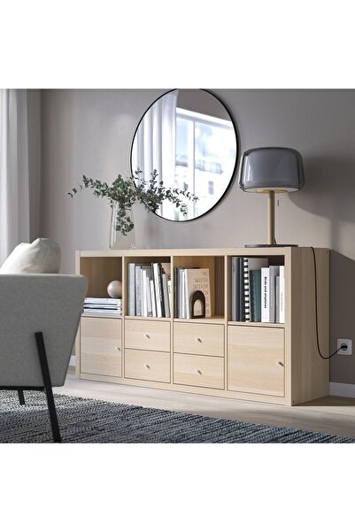 IKEA açık raf ünitesi, ağartılmış meşe görünümlü, 77x147 cm, çekmeceli ve kapaklı