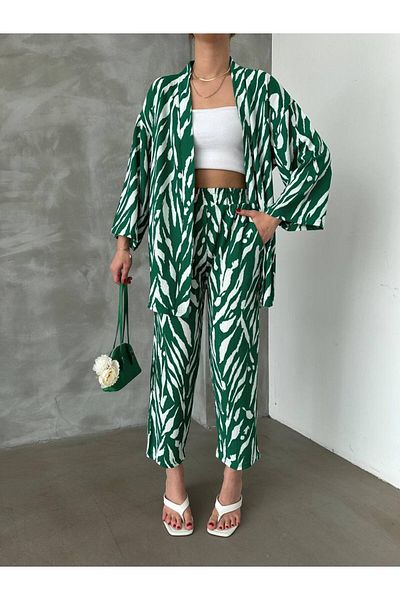 alenmoda Zebra Patterned Wrap Kimono Suit