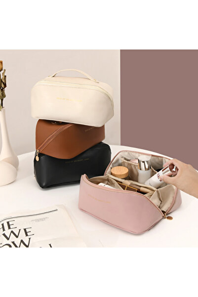 Generic Seyahat Deri Makyaj Çantası, Su Geçirmez, Makyaj Kişisel Bakım Kozmetik Ürünleri İçin Bölmeli Çanta