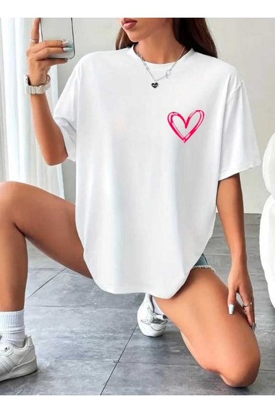 WOODROFFE Tiny Heart Printed Women's Oversize Red Salas T-shirt Boyfriend