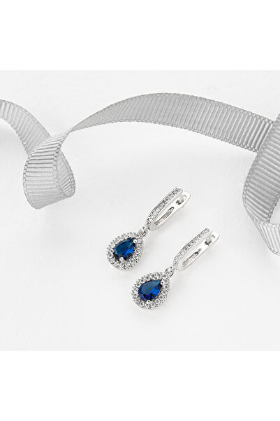 Siset Gümüş 925 Ayar Rodyum Kaplama Damla Safir Taşlı Gümüş Küpe