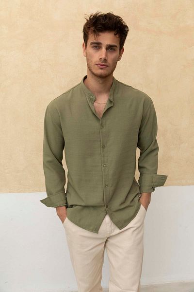 Tarz Cool Slim Fit Narrow Fit Long Sleeve Crew Collar Cotton Linen Effect Shirt