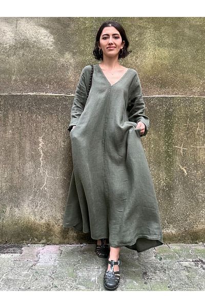 soBasic V-Neck Long Sleeve Pocket Detail 100% Linen Oversize Long Dress-STD - Khaki