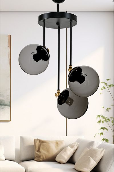 DEDE TRIPLE NERO MODERN CHANDELIER WITH SMOKED GLOP GLASS