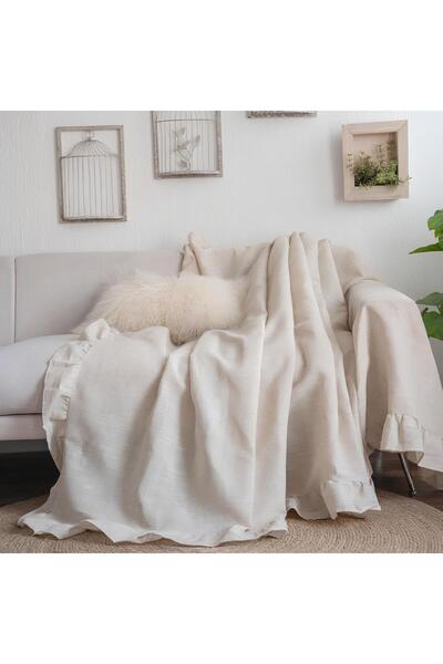 pamukidea 220x200 Cm Geniş Fırfırlı Pamuklu Buldan Keten Çekyat - Koltuk Örtüsü