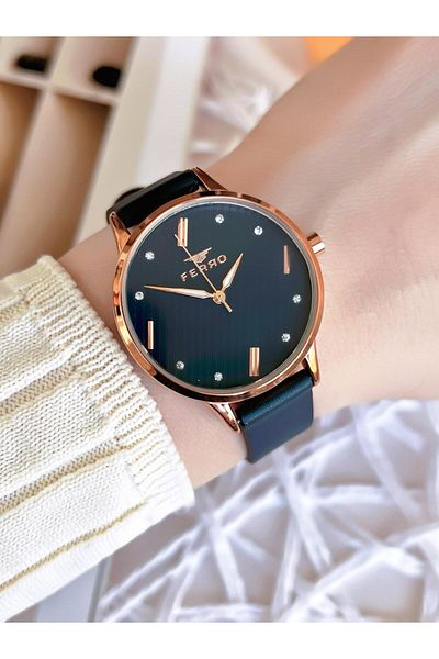 FERRO Leather Cord Blackening Colorfast 30 Meters Water Resistant Special Design Women's Wristwatch 1927BWT