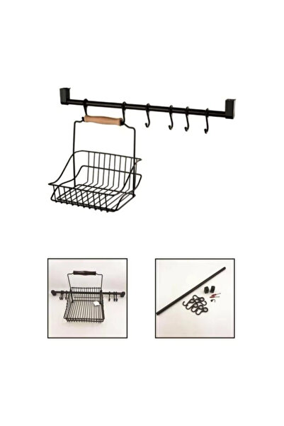 Ermek Retro Askılı Mutfak Sepeti TezgahÜstü DuvarAskılı Ahşap KulpluDüzenleyici Organizeri Siyah Askı Set