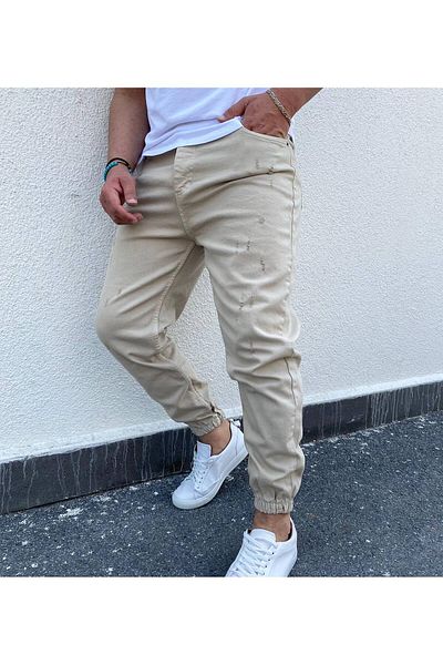 Oliggopol Ανδρικό κρεμ τζιν Boyfriend Jogger με ελαστικά πόδια