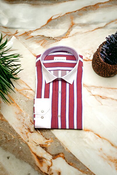 alenmeza Erkek Bordo Kalın Çizgili Beyaz Kontrast Yaka Pamuklu Kolay Ütüleneb...
