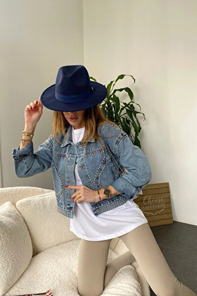 Lady Pixie Tasarım Cep Ve Silver Zımba Detay Crop Jean Ceket