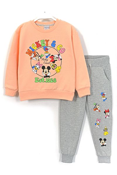 DobaKids Printed Long Sleeve Soft Cotton Fabric Crew Neck Cuffed Leg Girl's Tracksuit Set Salmon