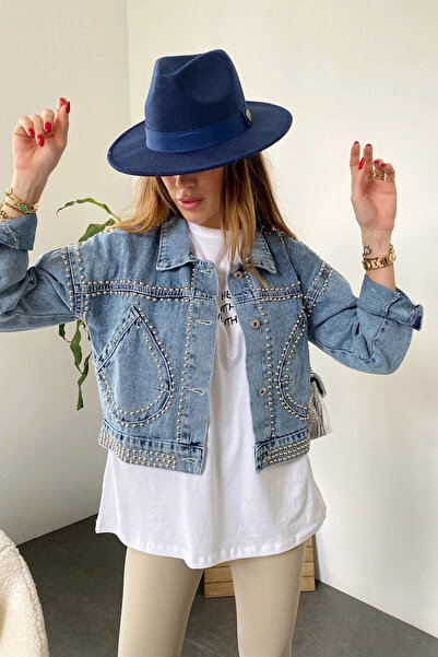 Lady Pixie Tasarım Cep Ve Silver Zımba Detay Crop Jean Ceket