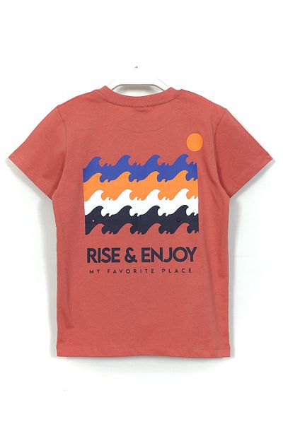 DobaKids طقم صيفي للأولاد مكون من قطعتين مطبوع عليه شعار Rise Enjoy من عمر 8 إلى 15 سنة باللون المرجاني