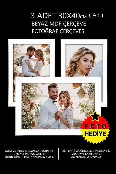 bymat 3 Pieces 30x40 Frame - White Frame - A3 Frame - Mdf Multi Photo Frame