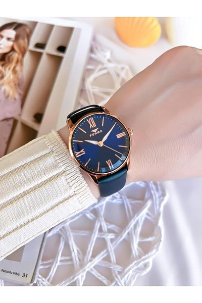 FERRO Leather Cord Blackening Colorfast 30 Meters Water Resistant Special Design Women's Wristwatch 21182B-T