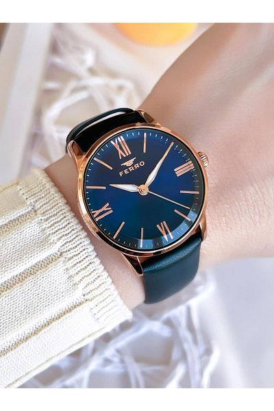 FERRO Leather Cord Blackening Colorfast 30 Meters Water Resistant Special Design Women's Wristwatch 21182B-T
